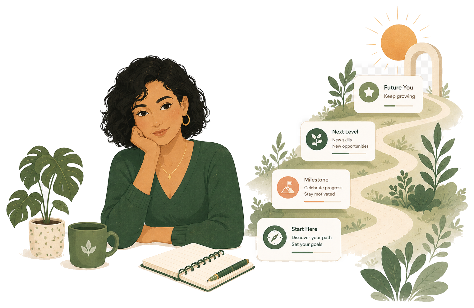 A warm illustration of a woman pausing thoughtfully beside a winding career path with milestone cards: Start here, Milestone, Next level, Future you.