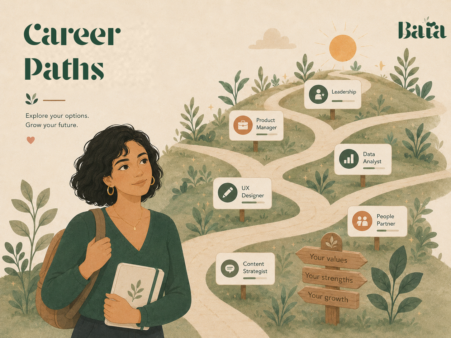 Illustration of a woman with a backpack looking up at a hillside path with milestone signs: Content Strategist, UX Designer, Product Manager, Data Analyst, People Partner, Leadership — with wooden signposts labeled Your values, Your strengths, Your growth.