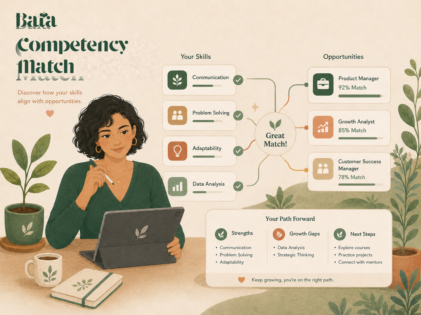 Illustration of a person at a desk with skill cards — Communication, Problem Solving, Adaptability, Data Analysis — connecting to opportunity cards: Product Manager 92%, Growth Analyst 85%, Customer Success Manager 78%.